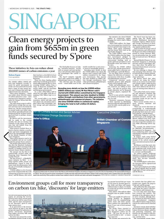 The Straits Times & Business Times – National Media Feature (2025) Role: Photographer Overview: Original photography of Mr. Ravi Menon featured in national broadsheets for the $655M green funds announcement (reposted via @britchamsg)